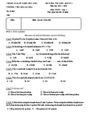 Bài kiểm tra cuối học kì I môn Toán Lớp 4 - Năm học 2021-2022 - Trường Tiểu học An Hòa
